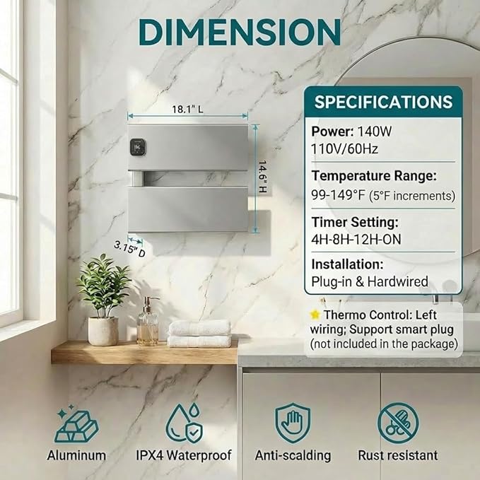 Electric Towel Warmer, Heated Towel Rack - Image 6