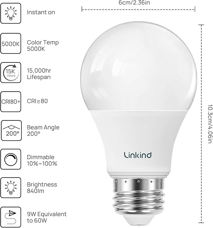 Linkind A19 LED Light Bulbs Dimmable, 60W Equivalent Light Bulbs, 5000K Daylight - Image 2