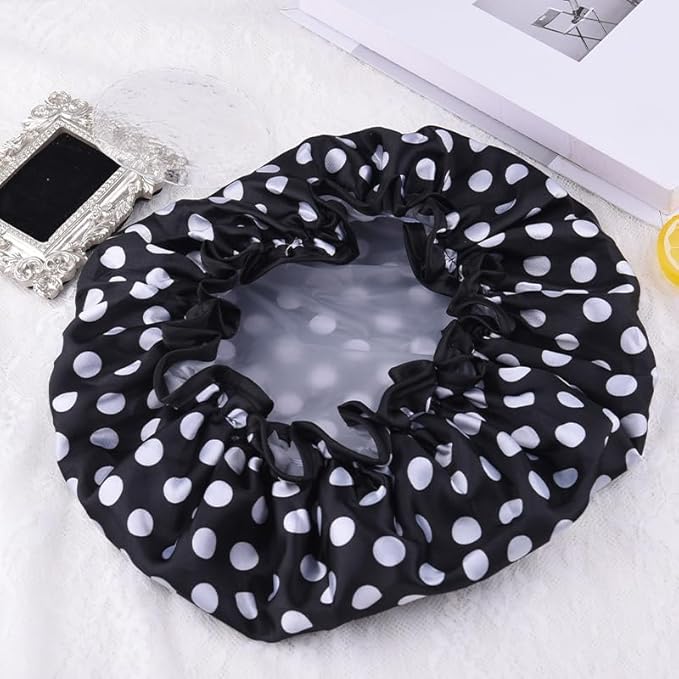 Polka Dot Shower Caps for Women Reusable Waterproof Satin Lined Bathing Caps - Image 7