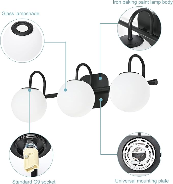 Modern Black Bathroom Vanity Light Fixtures 3 Lights Frame and Milk White Glass - Image 5