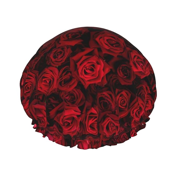 Red Rose Flowers Shower Cap For Women Reusable Waterproof Double Layers Bath by YUZEKABZ