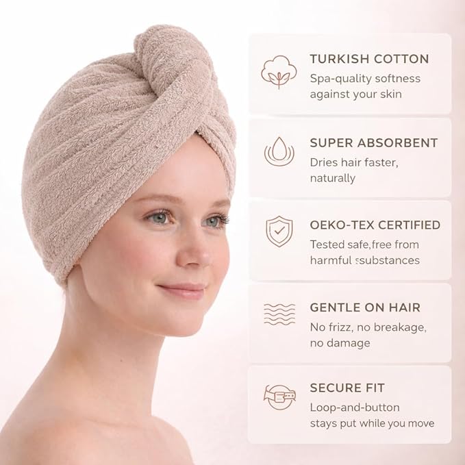 100% Turkish Cotton Hair Towel Wrap 2 Pack – Oeko-TEX Certified Quick Dry Turban - Image 3