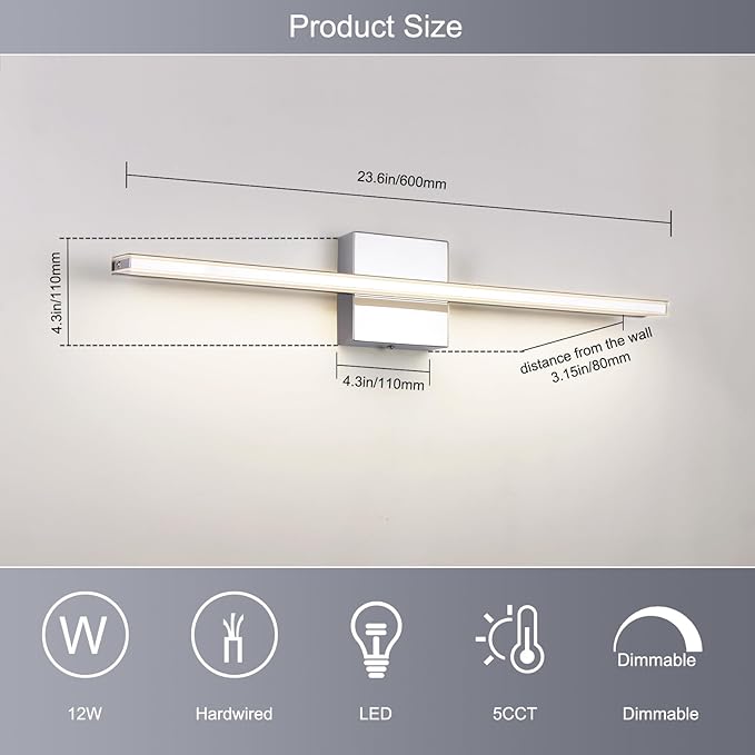 Chrome Vanity Lights for Bathroom 5CCT Dimmable Bathroom Lighting Fixtures Over - Image 5