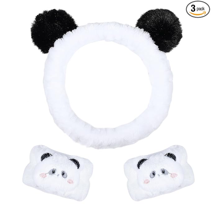 Pom Pom Panda Ears Plush Wash Face Headband Spa Wrist Band Cuffs Hair Scrunchy by Miroksh