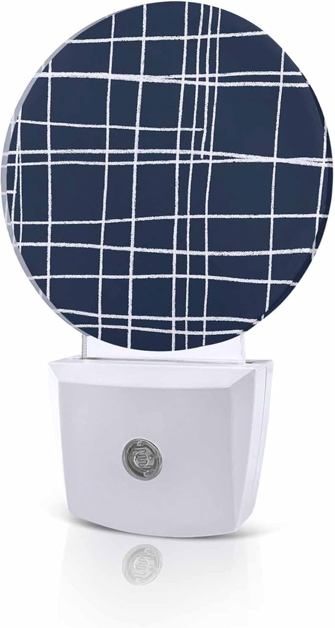 Night Lights Auto Sensor Navy Blue Checked Plaid Night Light Minimalist Grid by Home+L6