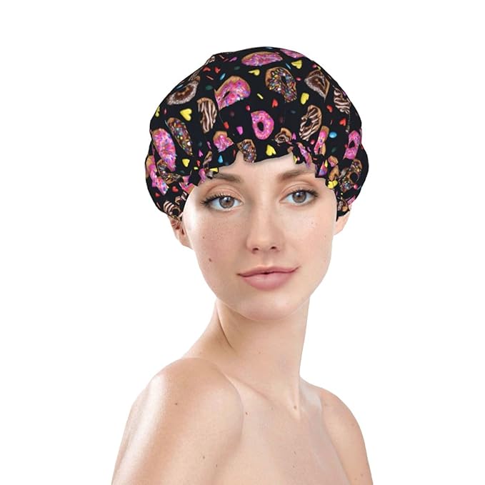 Doughnut Donuts Shower Cap For Women Reusable Waterproof Double Layers Bath Cap - Image 2