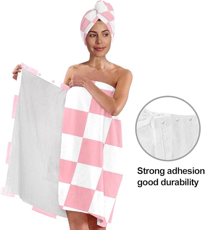 Checkered Bath Wrap Set with Hair Turban, Spa Towel Wrap, Towel Robe - Image 5