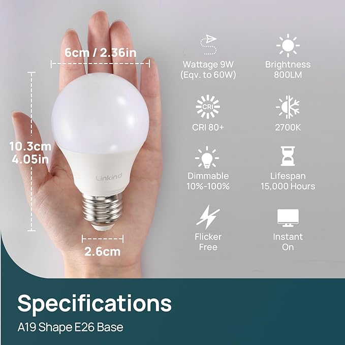 Linkind A19 LED Light Bulbs Dimmable, 60W Equivalent, 2700K Soft White - Image 2