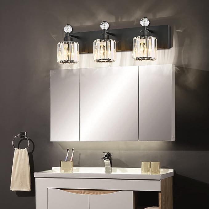 PRESDE Crystal 3 Light Bathroom Vanity Lights Modern Matte Black Bathroom - Image 3