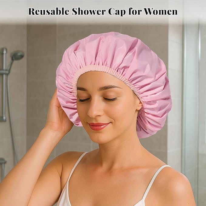 3 Pack Reusable Shower Caps for Women Waterproof, Large Hair Cap for Shower and - Image 3