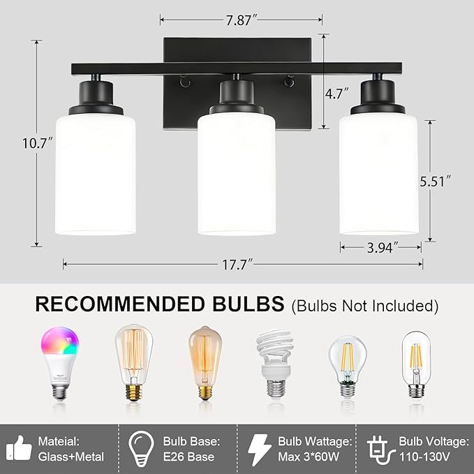 3-Light Black Bathroom Light Fixture Over Mirror, Modern Farmhouse Vanity Light - Image 2