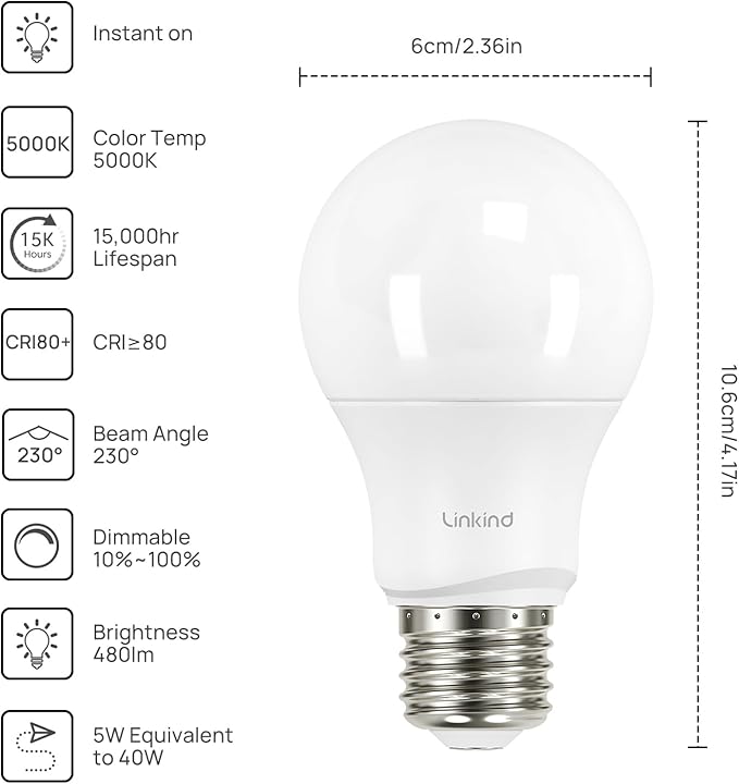 Linkind A19 LED Light Bulbs Dimmable, 40W Equivalent, E26 Base, 5000K Daylight - Image 2