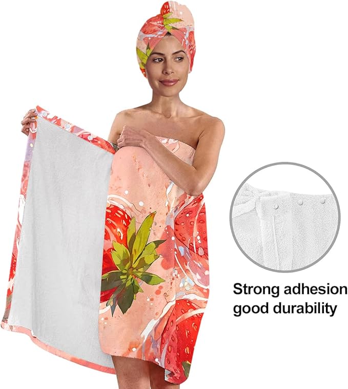 Women’s Strawberry Print Bath Towel and Hair Wrap Set, Soft Absorbent - Image 4