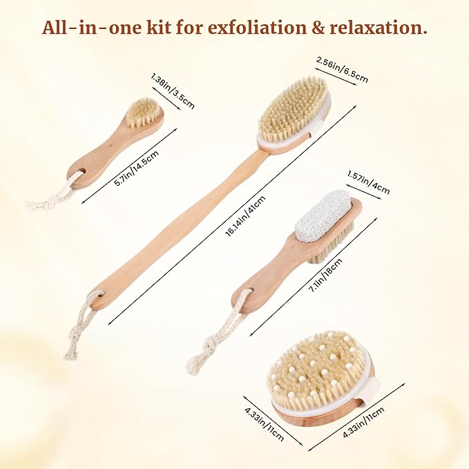 Dry Brush Set-4 Packs Natural Boar Bristle Dry Brushing Body Brush Exfoliating - Image 2