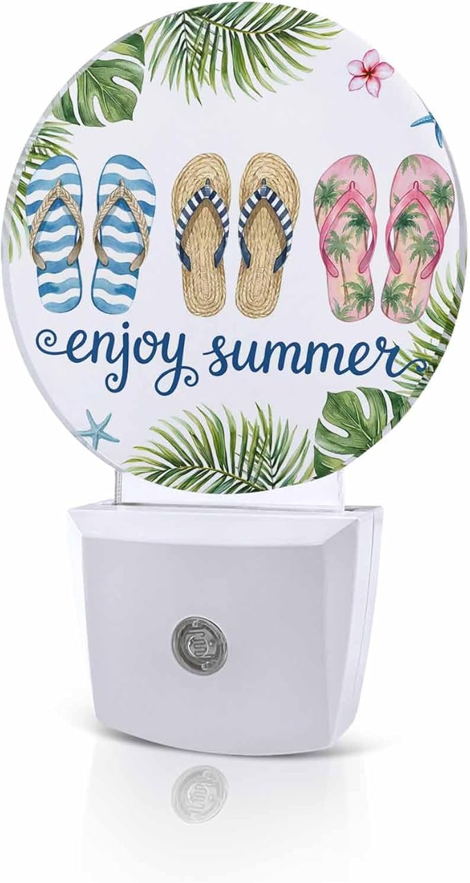 Night Lights Auto Sensor Flip Flops Night Light Enjoy Summer Green Palm Leaves by Home+L6
