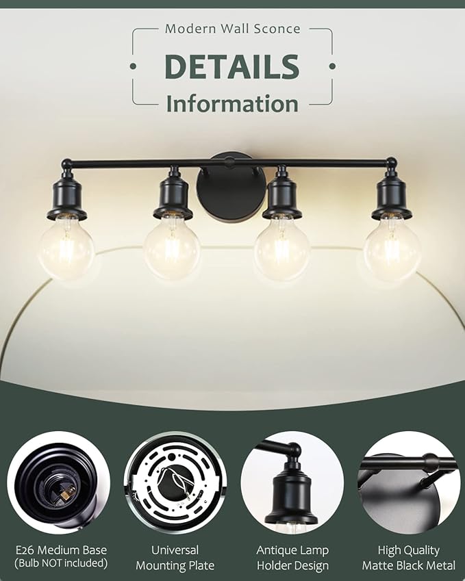 4-Light Vanity Light Fixture, Industrial Black Wall Sconce Lighting Fixture - Image 4