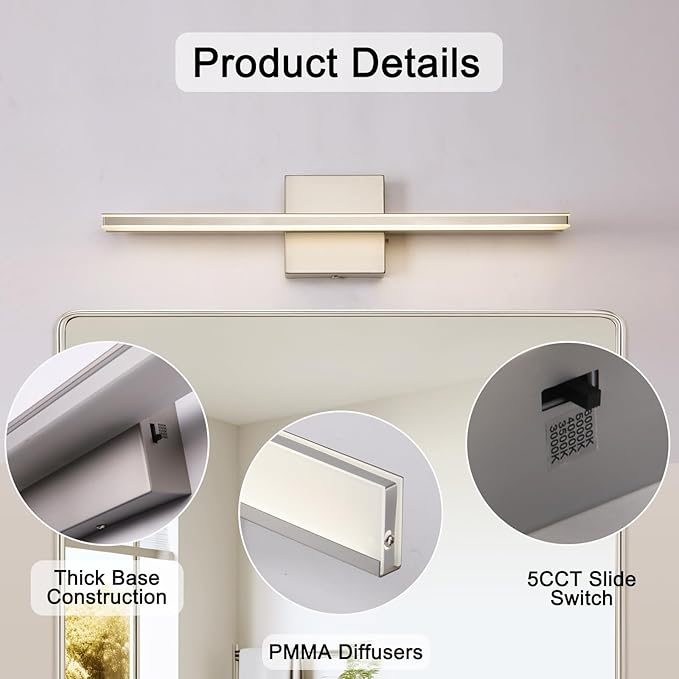 16W LED Vanity Light Bar, 19.6-Inch Brushed Nickel Bathroom Fixture, 5CCT Color - Image 6
