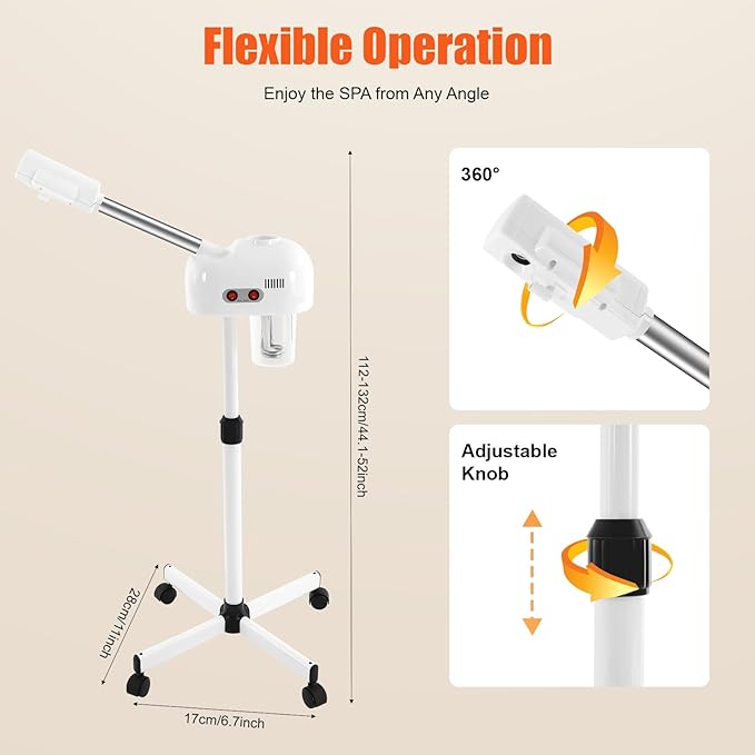 Professional Ozone Facial Steamer on Wheels, Adjustable Height, 360° Rotatable - Image 4
