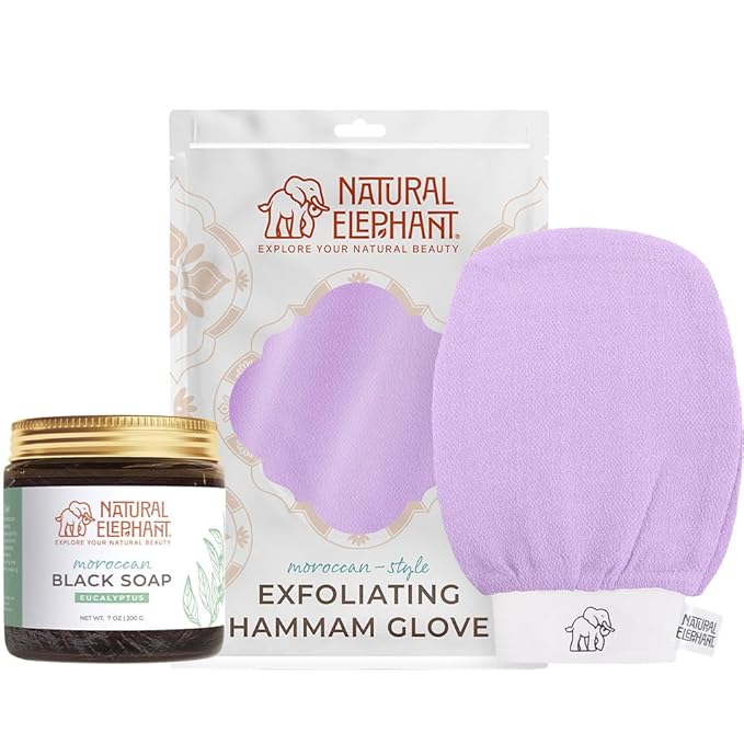 Natural Elephant Moroccan Black Soap 200g and Exfoliating Hammam Glove Combo by NaturalElephant