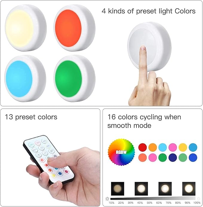 HELPLEX LED Puck Lights with Remote, 12 Pack Color Changing RGBW Stick-On Light - Image 8