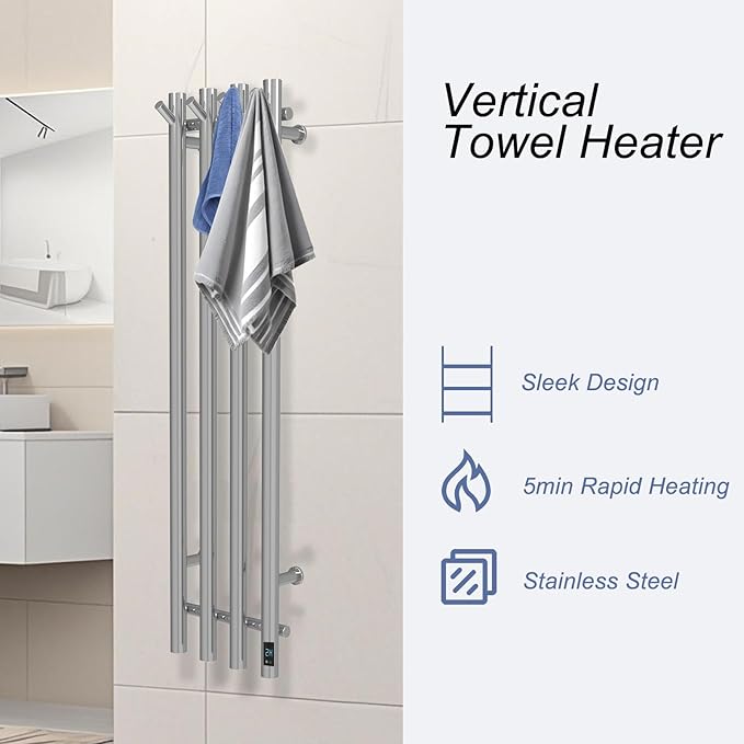 Electric Heated Towel Rack Warmer, Wall Mounted, Stainless Steel, 4 Bar - Image 6