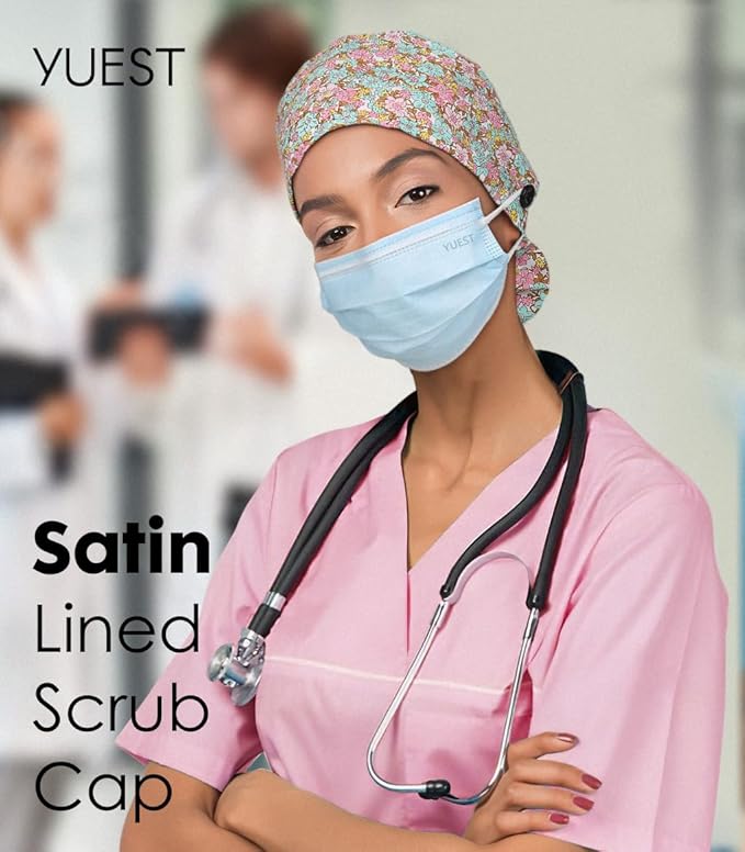 Satin Lined Scrub Caps with Buttons & Sweathand, Surgical Caps - Image 4