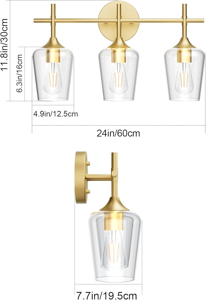 Ralbay Gold Bathroom Vanity Light 3-Lights Vintage Gold Vanity Lights Wall - Image 5