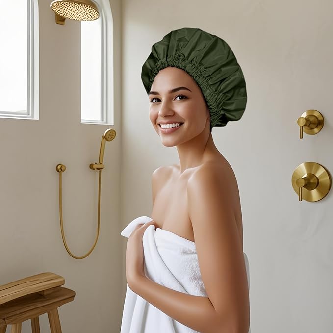 Reusable Shower Cap for Women, Large Waterproof Shower Bonnet Washable Elastic - Image 4