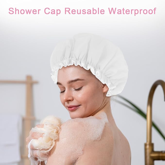 Reusable Shower Caps for Women, Terry Cloth Lined Shower Cap Double Layer - Image 4