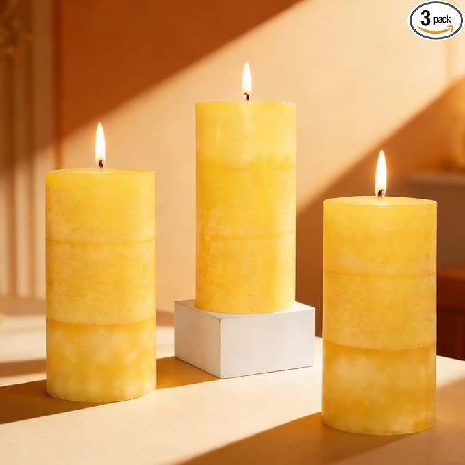 3 x 6 Inches Pillar Candles Lemon Scented Yellow Decorative Rustic Candles by FLAVCHARM