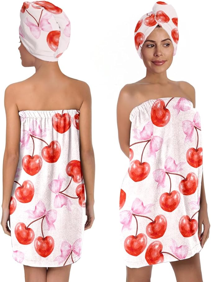 Women's Cherry Bow Towel Wrap and Hair Drying Cap Set – Pink Microfiber Shower by QIULIBMH