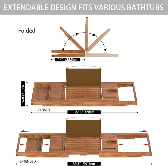 Teak Bathtub Caddy Tray for Tub, Foldable Luxury Bath Table Tray - Image 3