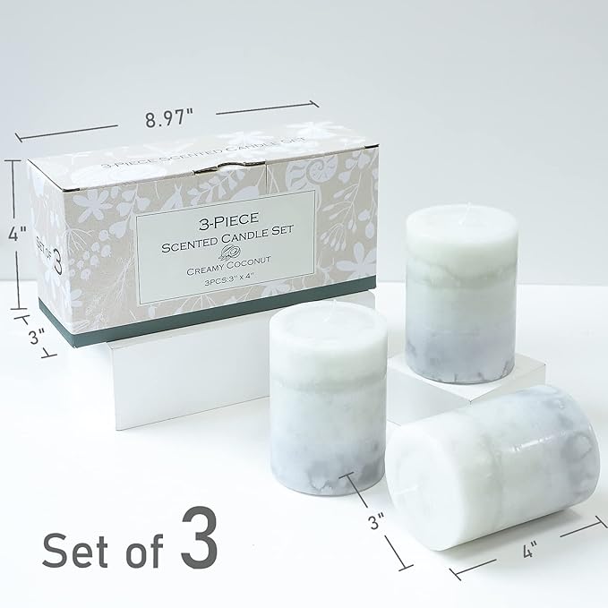 Set of 3 Scented Pillar Candles Creamy Coconut Scented 3" x 4" Long-Lasting - Image 5
