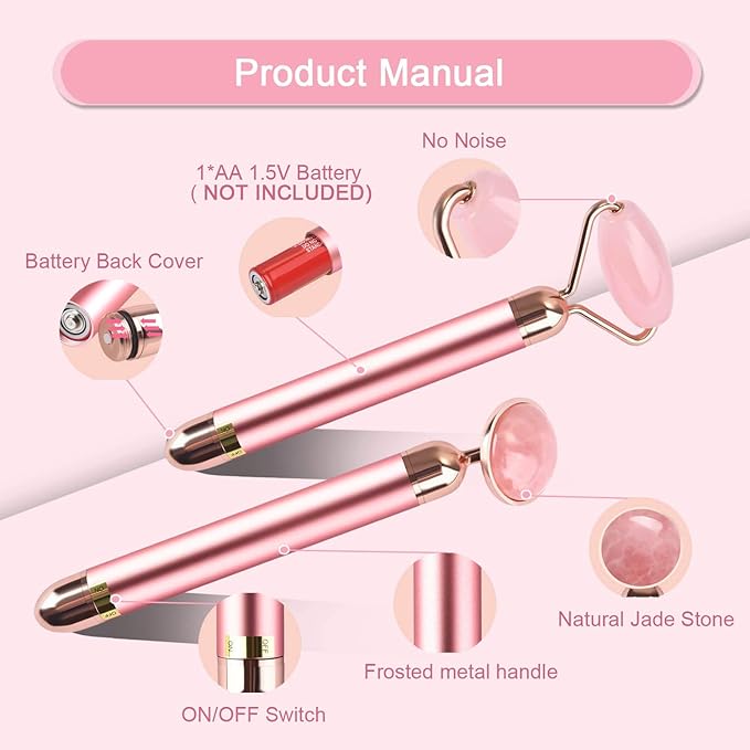 Upgrade 2 in 1 Vibrating Jade Facial Massager Roller, Electric Rose Quartz Eye - Image 3