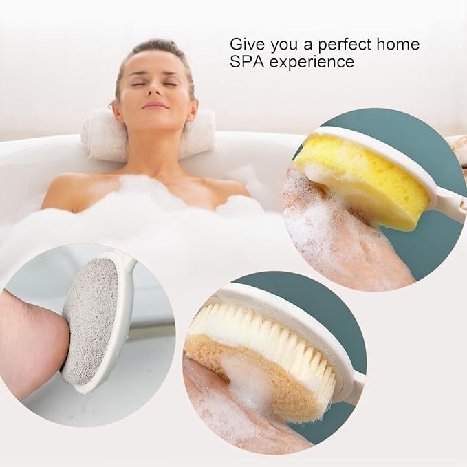 LFJ 19" Long Handle Shower Sponge Brush Set, 3 in 1 Body Brush, Bath Sponge and - Image 6