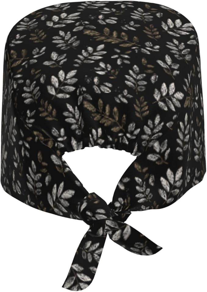 Scrub Cap for Women and Men Boho Black Leaf Pattern Adjustable Breathable - Image 8