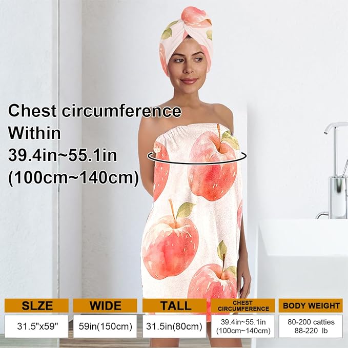 QIULIBMH Women’s Apple Print Bath Wrap and Hair Towel Set, Soft Absorbent - Image 3