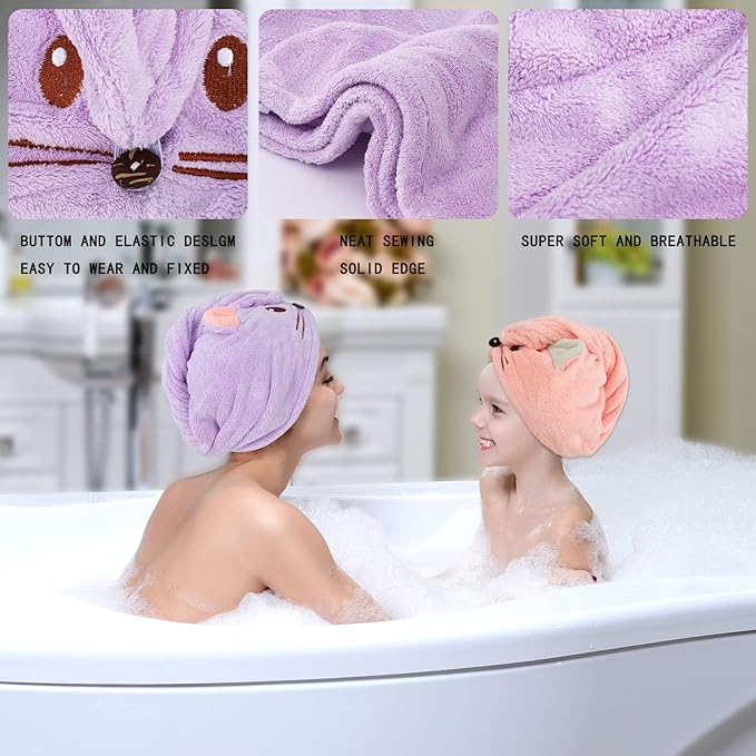 Whaline 2 Pack Parent-Child Quick Dry Hair Towel Cute Mouse Hair Towel Wrap - Image 4
