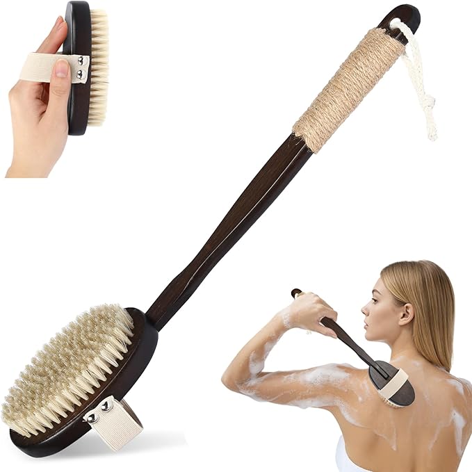 Dry & Wet Brushing Body Brush, Natural Boar Bristle Back Scrubber by CYMPHW
