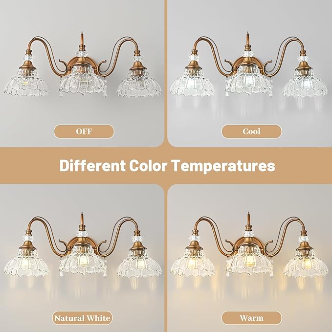 Vintage Bathroom Vanity Light, 3-Light Matte Antique Brass Finish Wall Sconce - Image 8