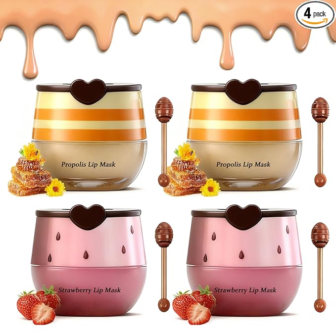 4PCS Strawberry & Bee Lip Balm Honey Pot, Vitamin E & Moisturizing Propolis by Charm+Kiss