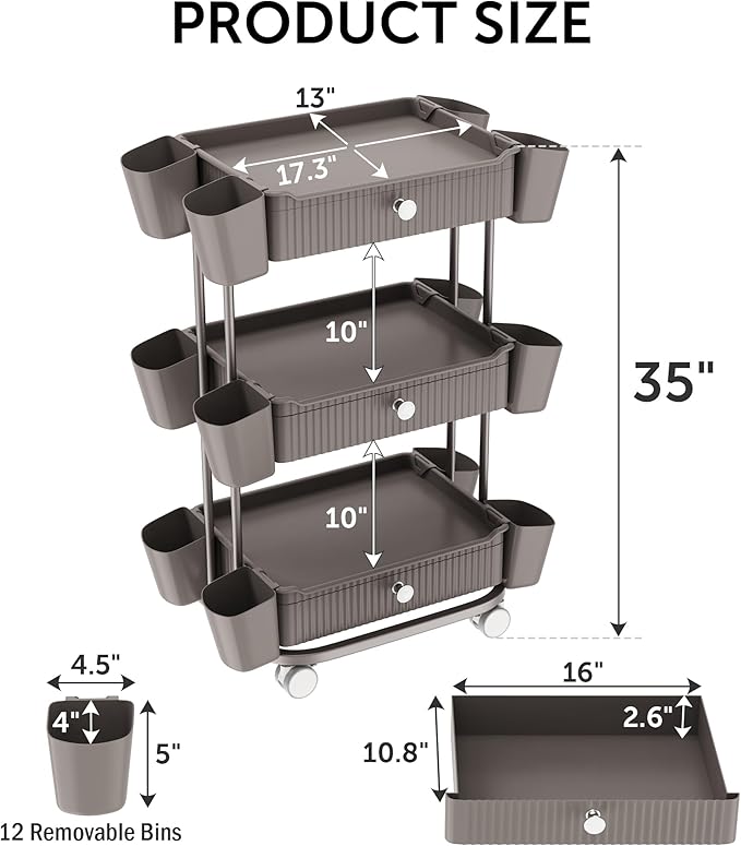 3 Tier Drawer Beauty Cart with 12 Movable Storage Organizer, Thickened ABS & - Image 2