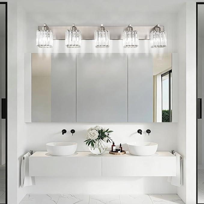 Aipsun Brushed Nickel Bathroom Lighting Fixtures 5 Light Vanity Light Crystal - Image 2