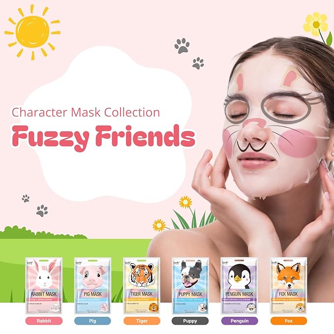 Epielle Character Face Mask Fuzzy Friends 6 Pack, Fun & Effective Korean Skin - Image 2