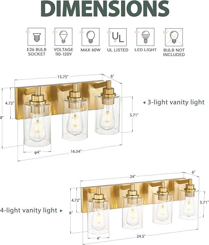 3-Light Bathroom Light Fixtures, Brushed Gold Vanity Light - Image 3