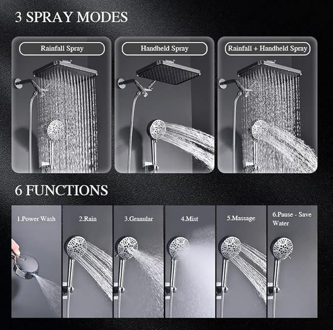 Tandem Shower Head with Filters-14'' Rainfall ShowerHead, Filtered Power Wash - Image 2