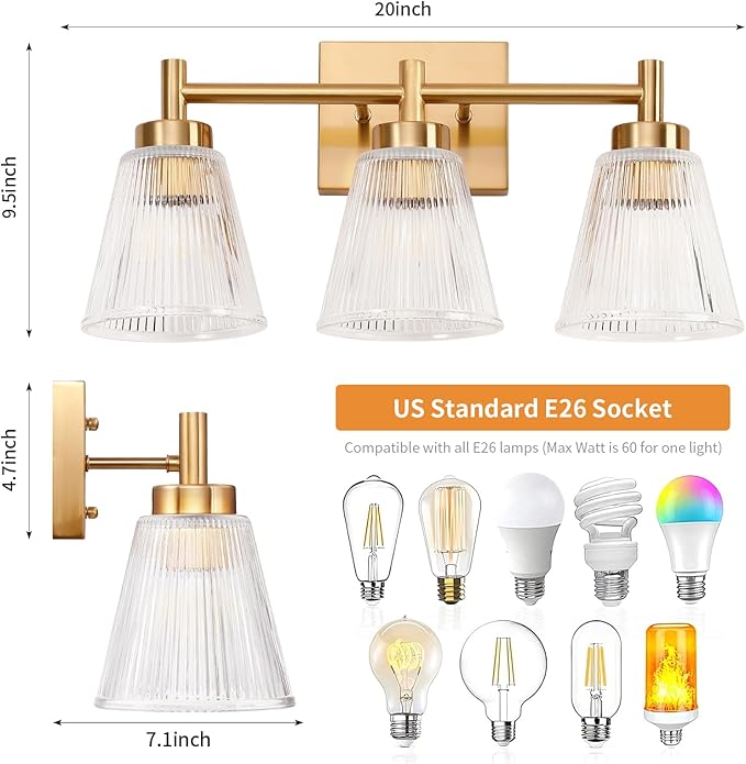 OCIOC 3-Light Bathroom Vanity Light, Modern Gold Wall Light Fixture - Image 3