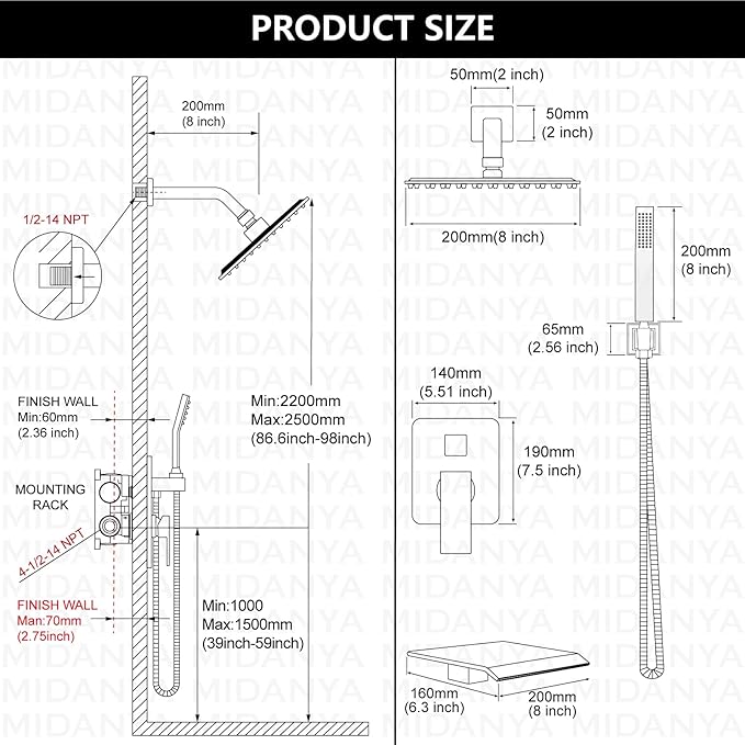Midanya Shower System with Tub Spout, Bathtub Shower Faucet Set with Square - Image 5
