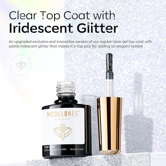 modelones Glitter Gel Top Coat, Reflective Iridescent Silver Mix Glitter - Image 6