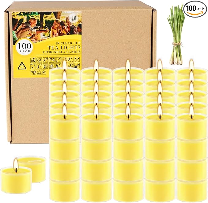 100 Pack Clear Tea Lights Candles Bulk, Summer Citronella Candle Outdoor and by YIH